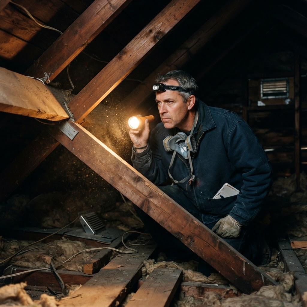 Inspector examining attic framing for mold and moisture issues