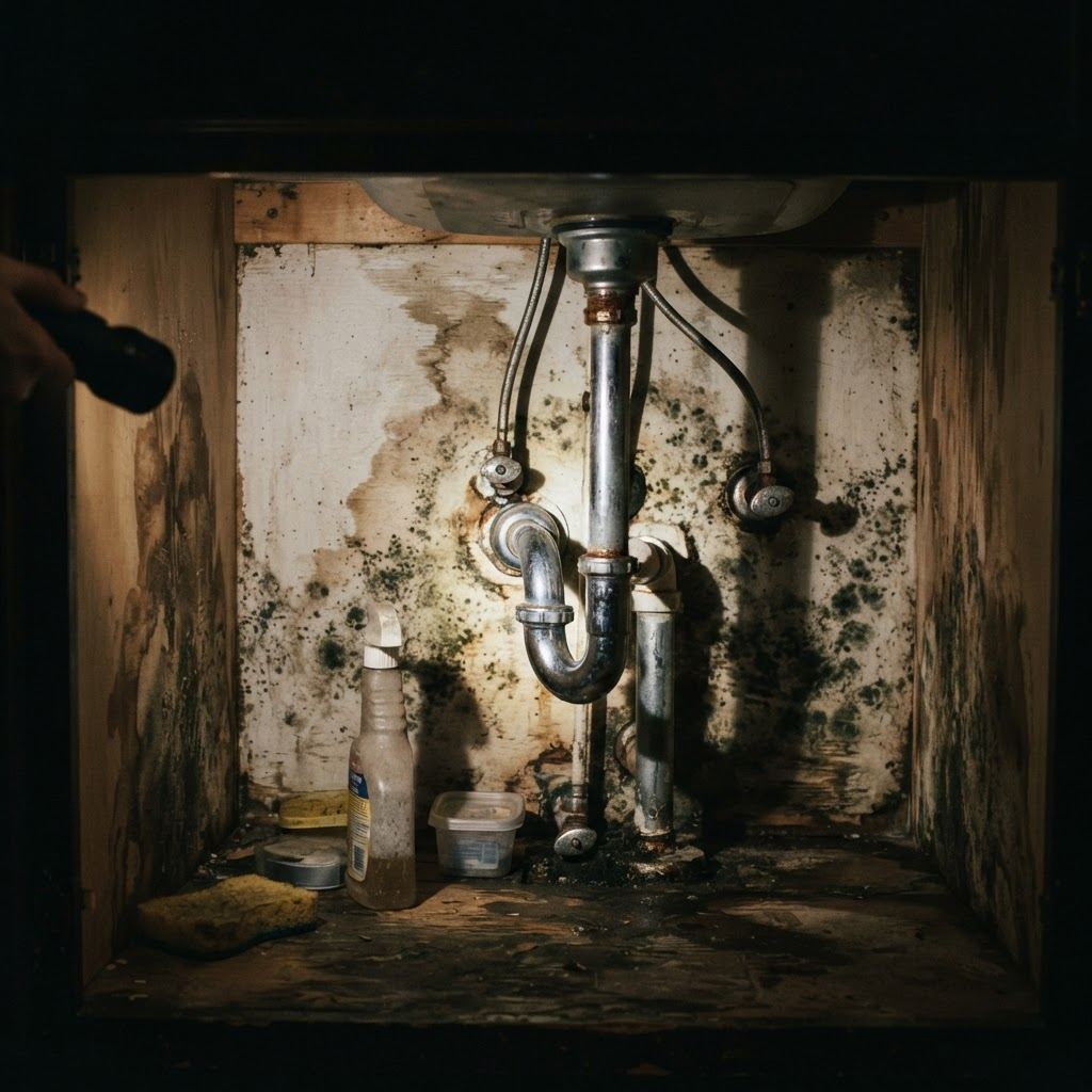 Inspector checking under-sink plumbing during a water quality assessment